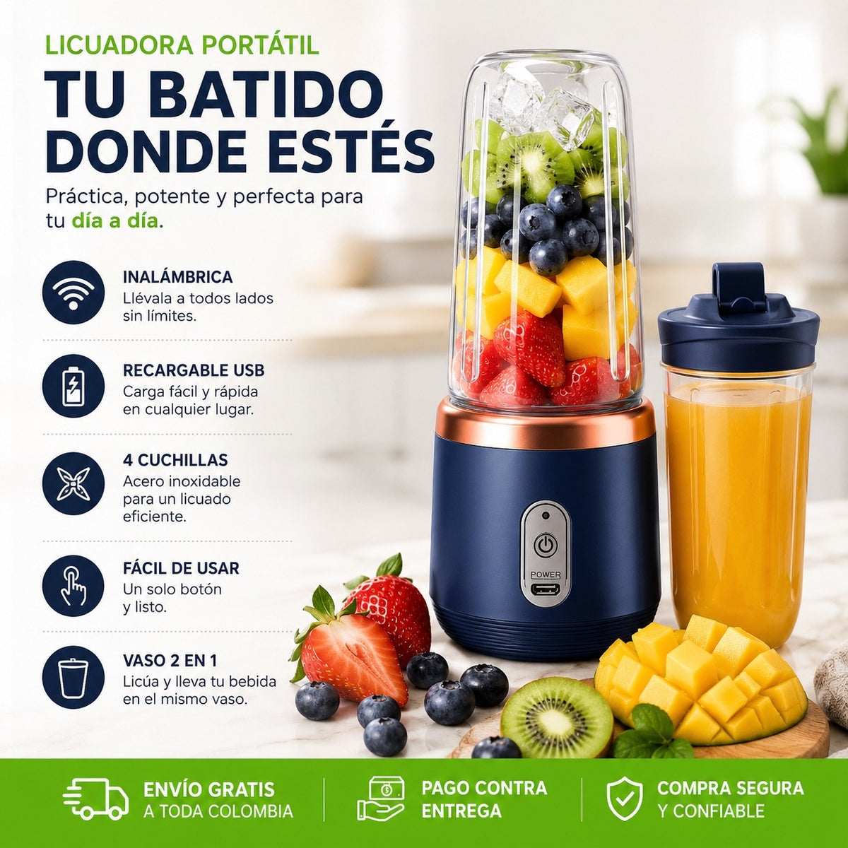 Licuadora Portátil Recargable USB 2 en 1