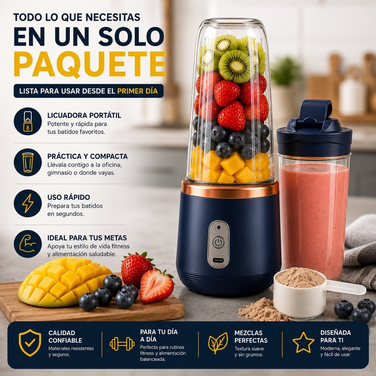 Licuadora Portátil Recargable USB 2 en 1